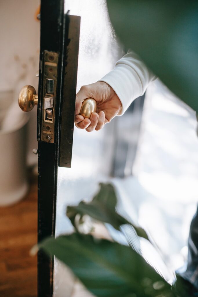 A person opening a door with golden knob